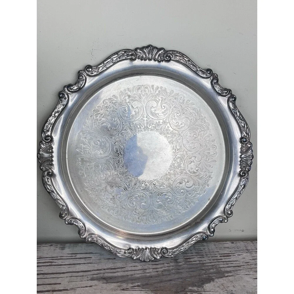 Vintage MCM Sheridan Silver Co Ornate Border Round Silver Plated Tray 12”